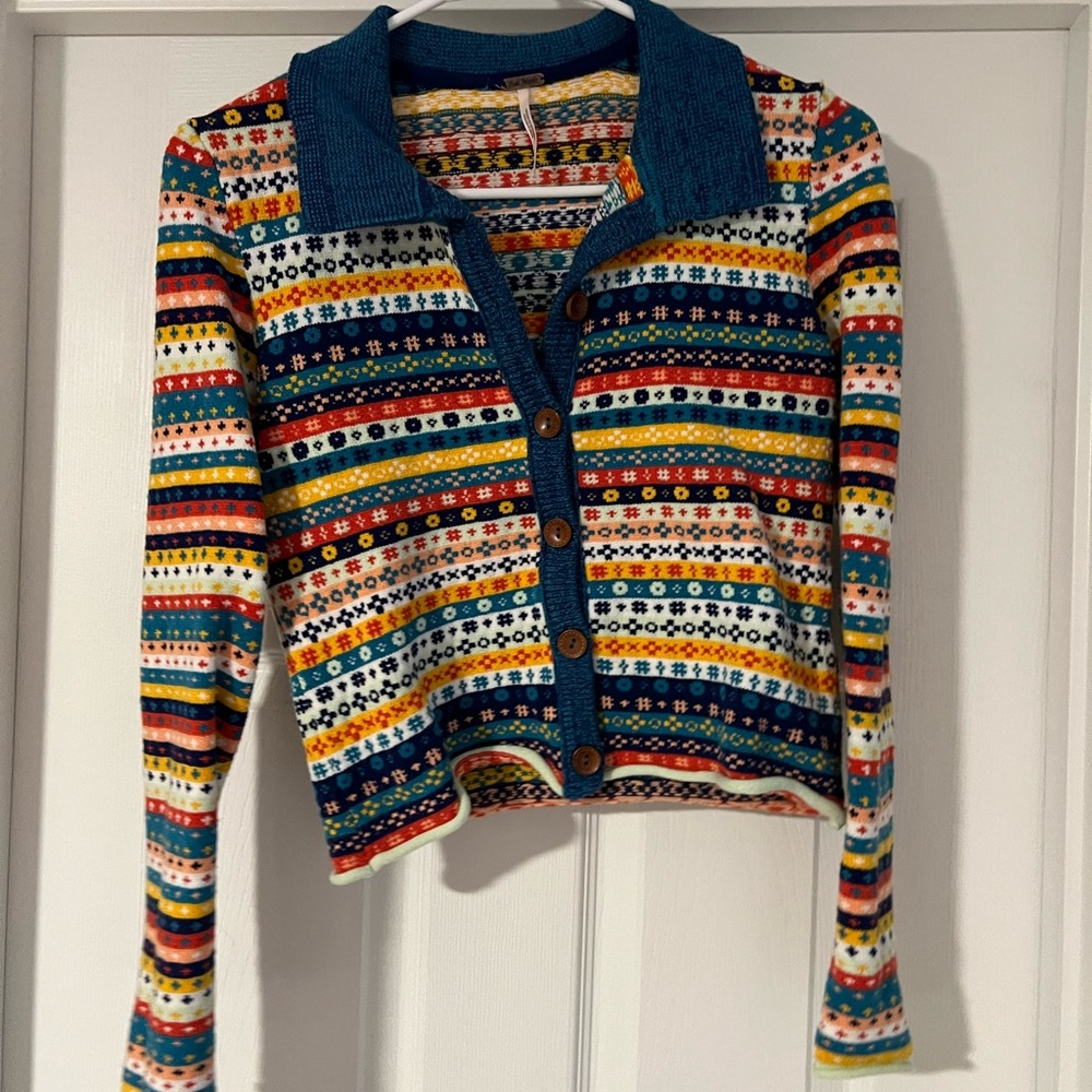 Free People Multicolor Fair Isle Button-Front Cardigan in Teal, Navy & Mustard - Picture 2 of 2